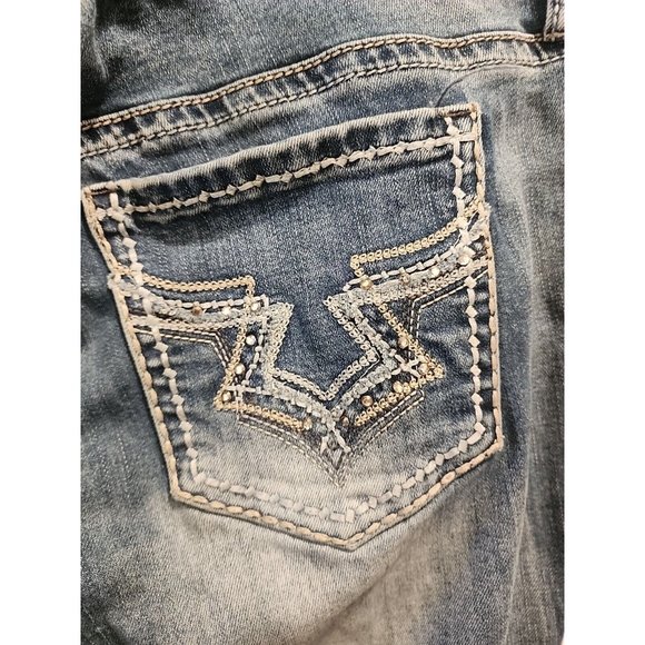 WOMENS 17/18 MED WASH HYDRAULIC JEANS MID RISE BOOT CUT STUDDED POCKET FLEX - Picture 10 of 11